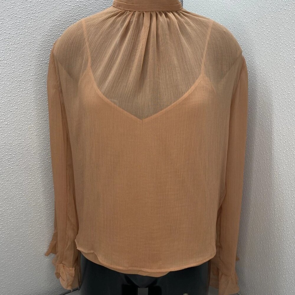 NEW ANTHROPOLOGY Women’s High-Neck Sheer Long-Sleeve Blouse – Rose Pink – Size L